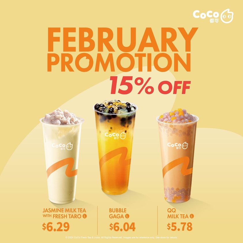 Coco's Promotion for February for 15% off 3 drinks