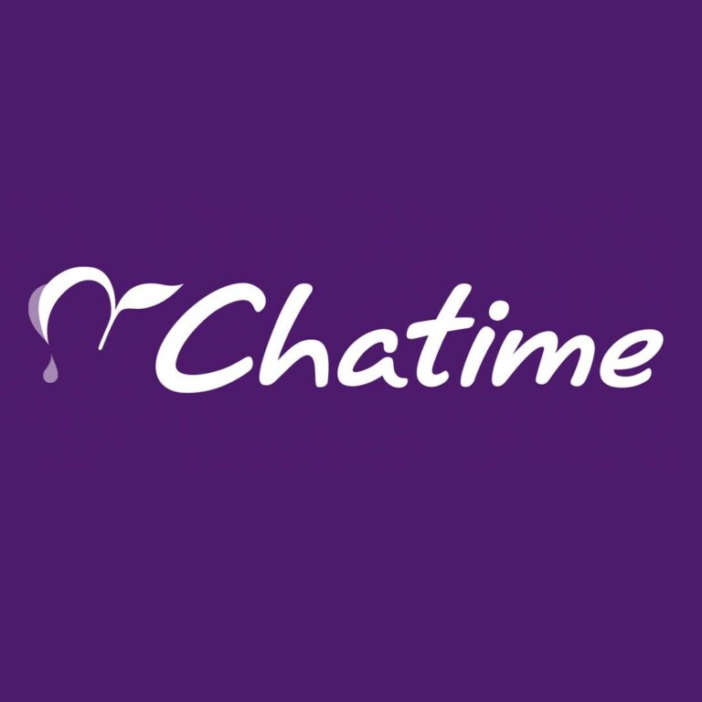 Purple Background, A small leaf and next to it "Chatime"